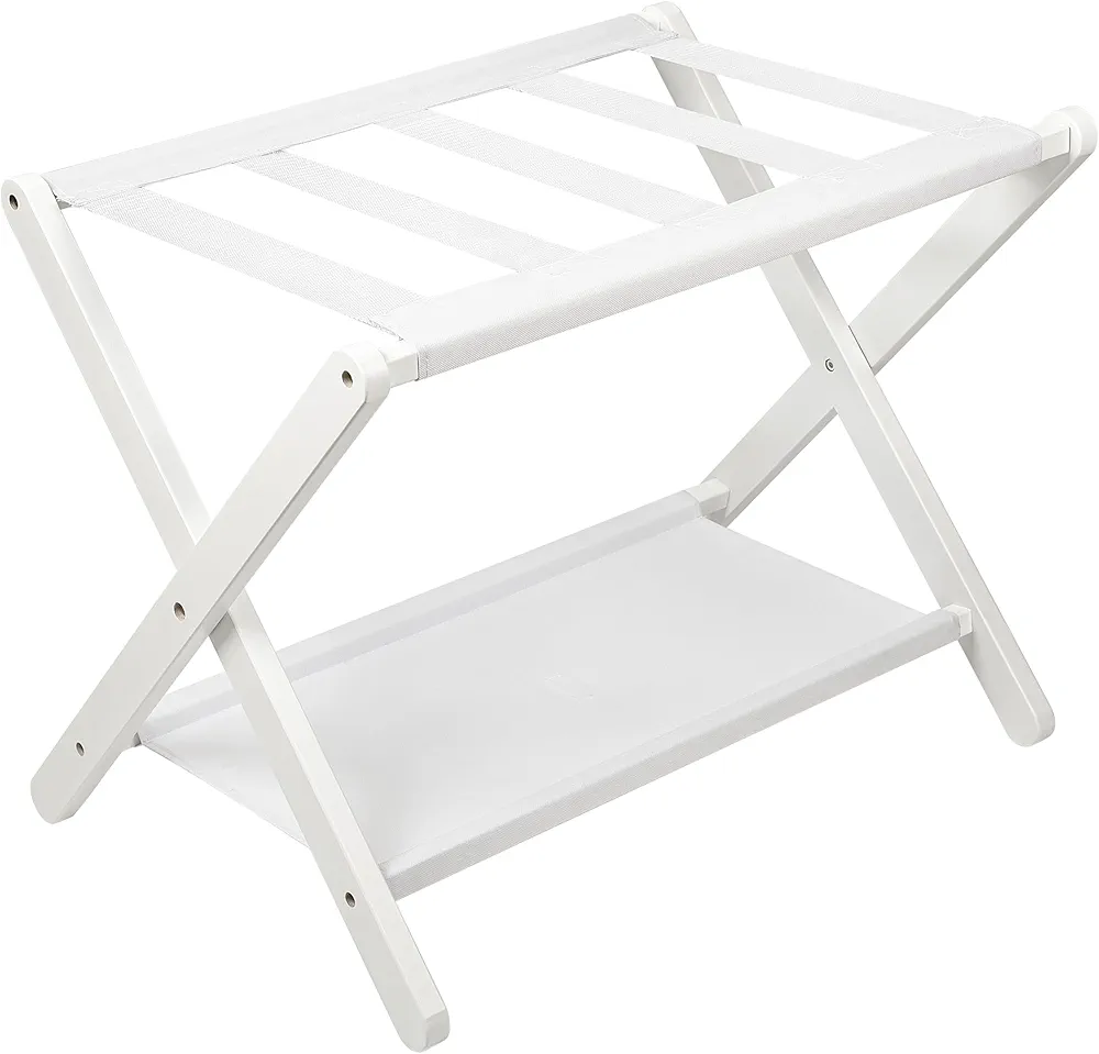 Luggage Rack, Folding Suitcase Stand with Storage Shelf,Bamboo Luggage Stand for Guest Room,Bedroon and Hotel,Holds up to 131 lb,Fit Most Luggage Size,White