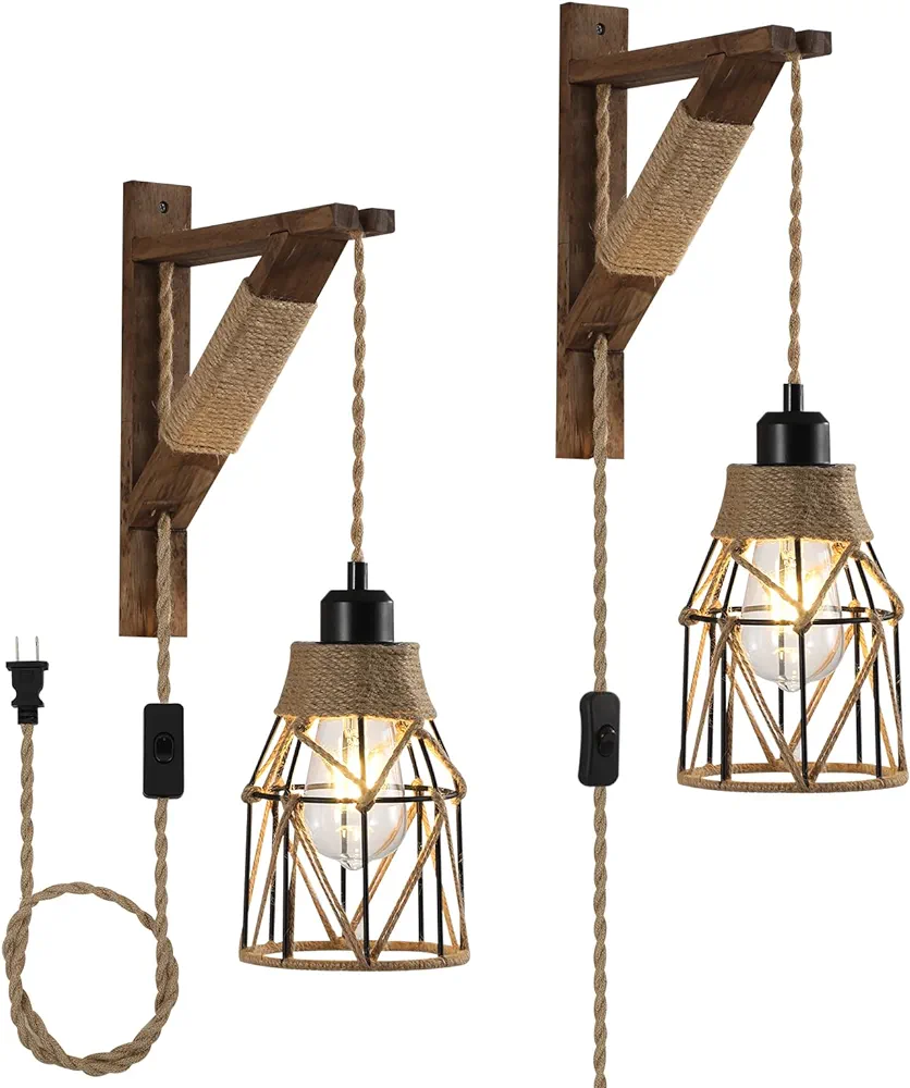 SEEBLEN Plug in Wall Sconces Set of 2,Farmhouse Hanging Lamps That Plug into Wall Outlet, Rustic Metal Cage Sconce with Wooden Bracket for Bedroom Living Room Headboard.