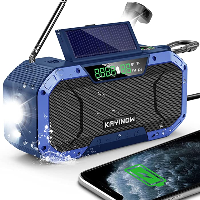 Emergency Radio Waterproof Bluetooth Speaker,Portable Digital AM FM Radio with Flashlight,Reading Lamp,Hand Crank NOAA Weather Radio with Solar Panel,5000mAH Cell Phone Charger,Emergency Survival Kit