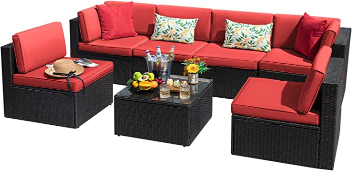 Devoko 7 Pieces Outdoor Sectional Sofa Patio Furniture Sets Manual Weaving Wicker Rattan Patio Conversation Sets with Cushion and Glass Table (Red)