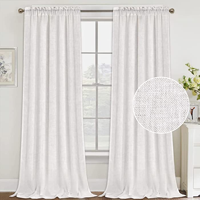 Natural Linen Curtains 108 Inches Extra Long Rod Pocket Semi Sheer Curtain Drapes Elegant Casual Linen Textured Window Draperies, Light Filtering Privacy Added Home Fashion 2 Panels, Off White