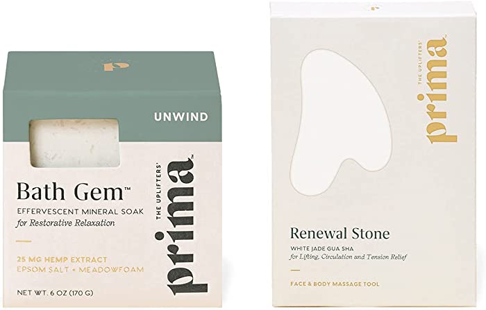 Prima Evening Ritual Bundle - Includes Bath Gem Effervescent Mineral Bath Soak with Pure Hemp and White Jade Gua Sha Renewal Stone for Face and Jaw - 2-Piece Body and Skincare Set with Pure Hemp