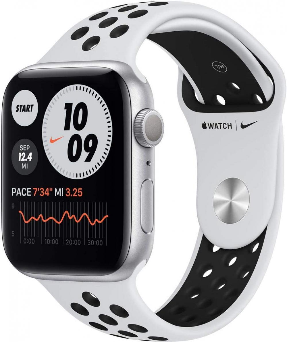 Apple Watch Nike Series 6 GPS, 44mm Silver Aluminum Case with Pure Platinum/Black Nike Sport Band, Regular