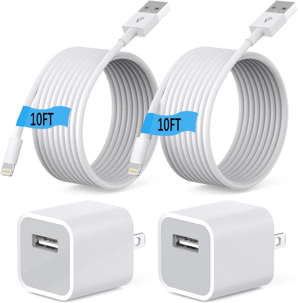 (Apple MFi Certified)iphone charger 10ft,2Pack 10 Foot Long Data Syncing Charging Lightning Cord Cable with 2Pack USB Wall Charger Travel Plug Adapter Box Compatible with iPhone 12/11 Pro/11/X/Xs/8/7