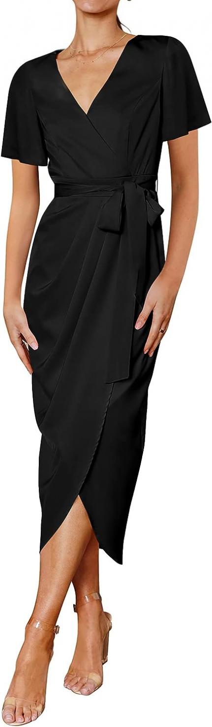 PRETTYGARDEN Women's Summer Formal Midi Satin Dress Short Sleeve V Neck Belted Cocktail Party Ruched Dresses