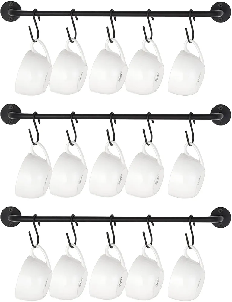 Mkono Mug Holder Wall Mounted Coffee Cup Rack Hanger Modern Metal Wall Rack with 15 Mug Hooks Rustic Utensil Tea Cups Storage Organizer for Kitchen Dining Room Coffee Bar, Set of 3, Black