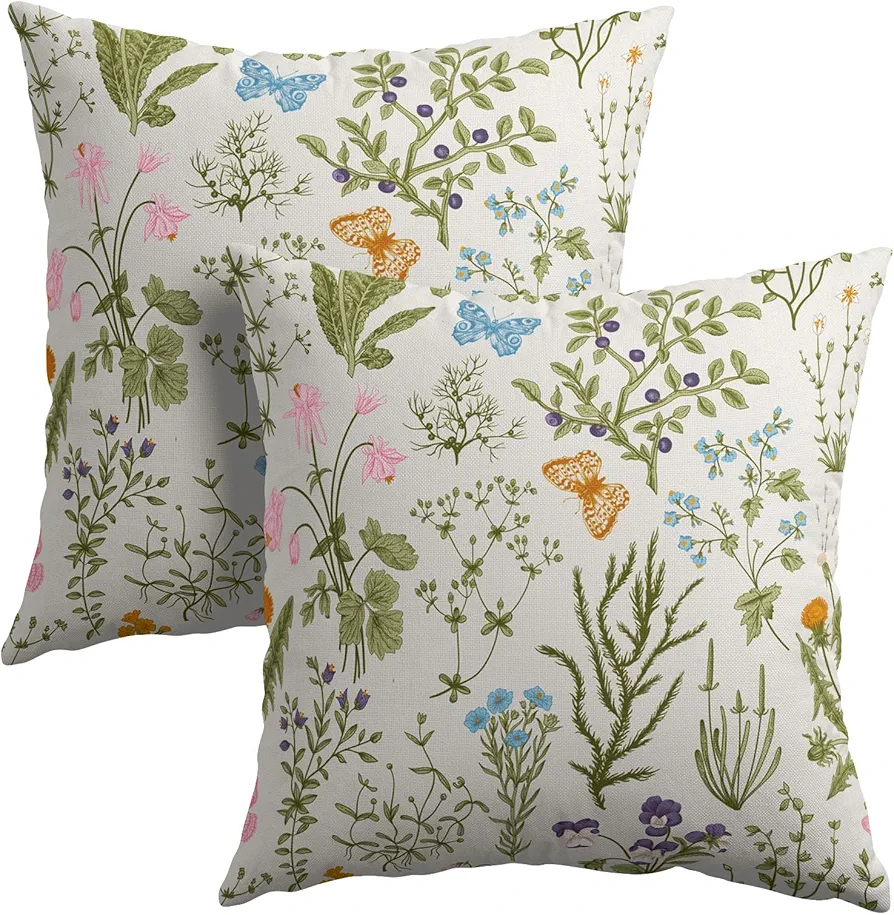 Herbs Wildflowers Pillow Covers 18x18 Inches Botanical Floral Butterfly Throw Pillow Case Set of 2 Spring Flower Pillow Cover Cotton Linen Cushion Cover for Home Couch Sofa Bedroom Livingroom