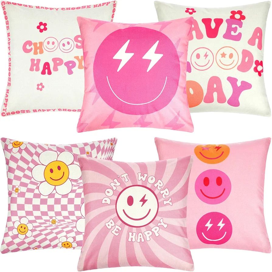 6 Pcs Decorative Preppy Throw Pillows Cushion Covers Cute Aesthetic Covers Smile Face Room Decor Stuff Pillow Case for Teen Girls Bedroom Home, 18 x 18 Inch