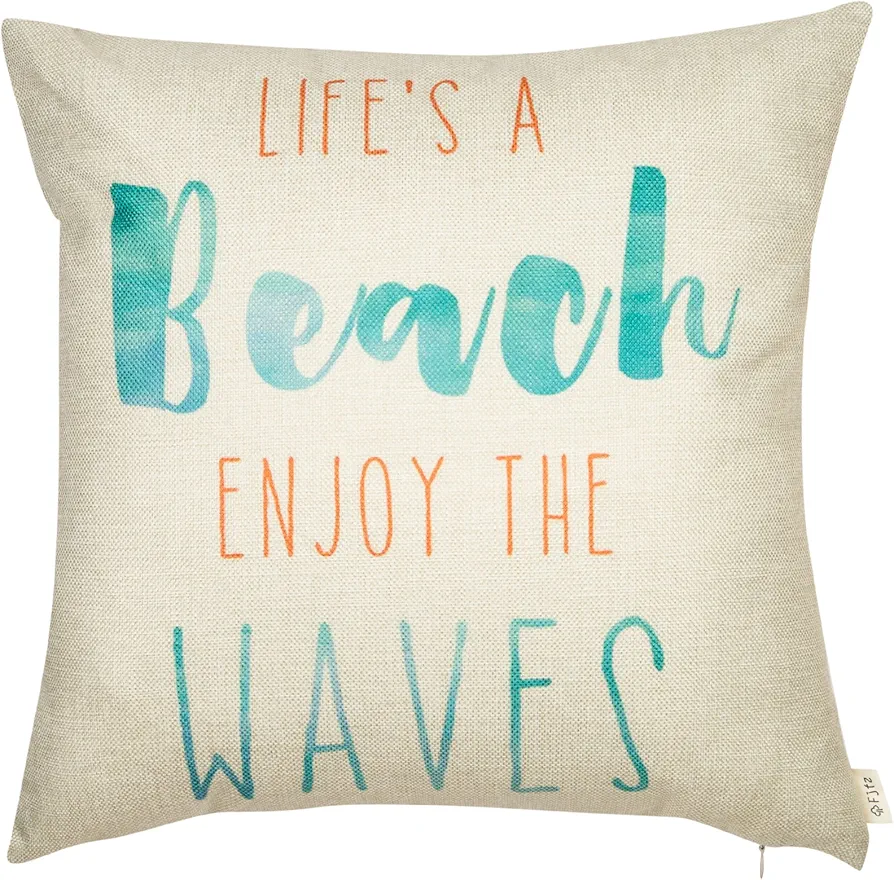 Life's a Beach Enjoy The Waves Funny Motivational Sign Décor Inspirational Quote Summer Decoration Cotton Linen Home Decorative Throw Pillow Case Cushion Cover for Sofa Couch, 18" x 18"