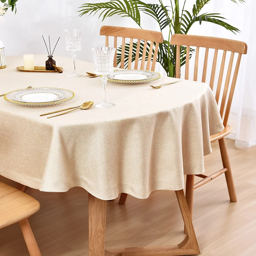 Faux Linen Oval Tablecloth Heavy Duty Wrinkle Resistant Fabric Table Cloths 60 x 84 Inch Beige Farmhouse Rustic Table Cover for Kitchen Dining Indoor Outdoor Tabletop Decoration