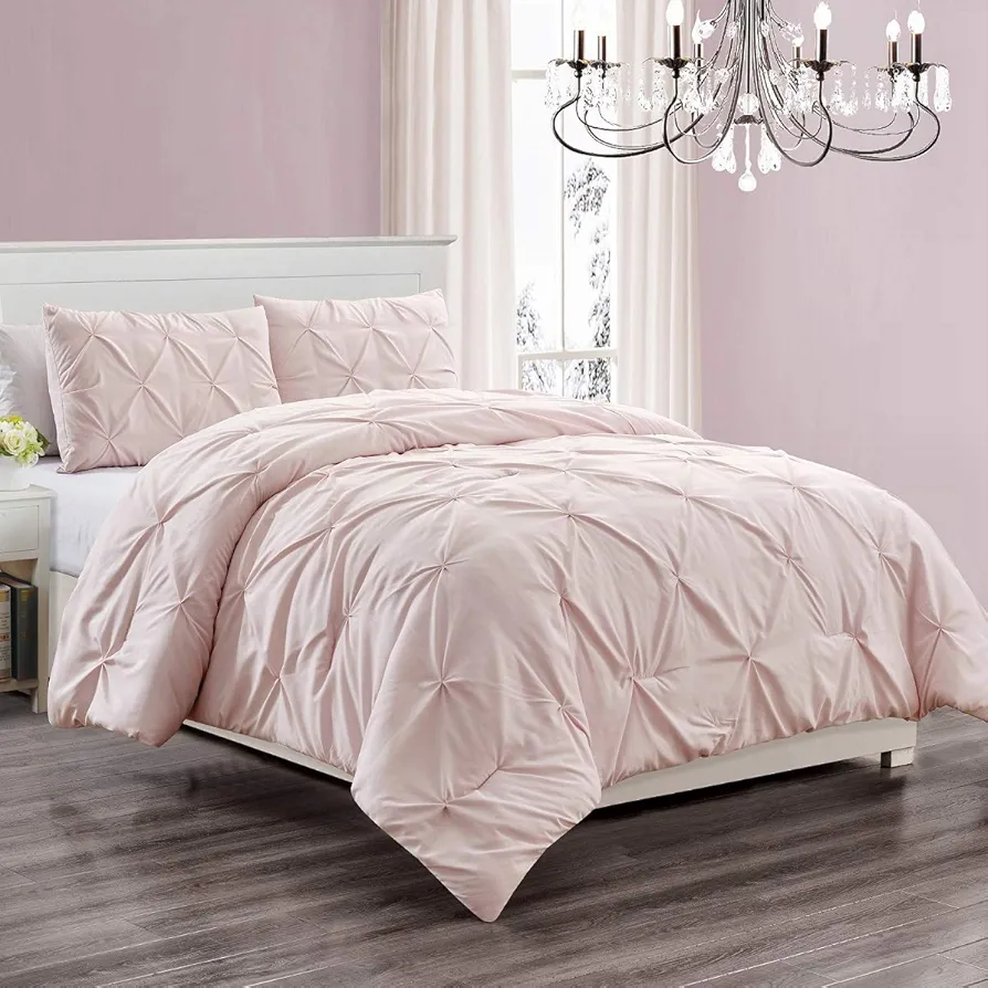 3 Piece Microfiber Comforter Set Girls Bed Dorm Room Decor Pinch Pleat Pintuck Down Alternative Queen Size Bedding - All Season Rose Blush Pink Bedroom Decor- JN1 (Queen 3 Piece)