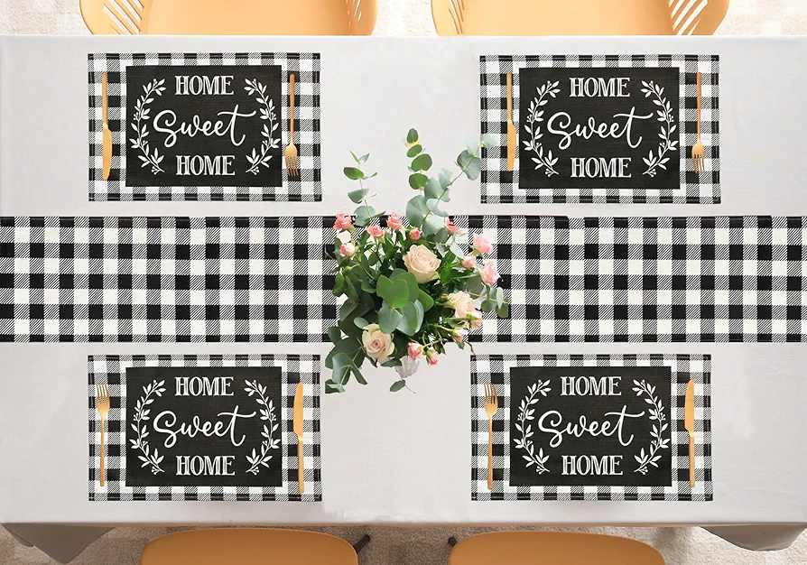 Farmhouse Buffalo Plaid Placemats Set of 4 and Black and White Buffalo Plaid Table Runner 13x72 Inches