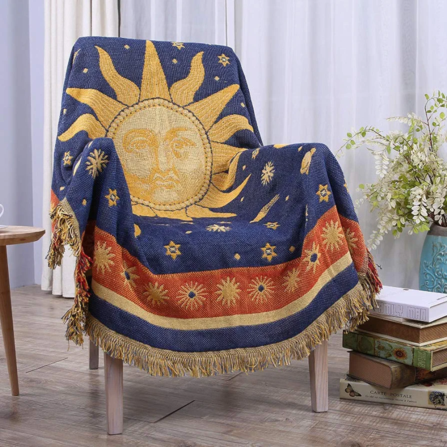 Moon and Sun Throw Blanket Celestial Chair Recliner Cover Bed Spread Hippie Room Decor, Double Sided Cotton Woven Sofa Couch Furniture Aesthetic Throws - 50" X 70", Yellow/Blue