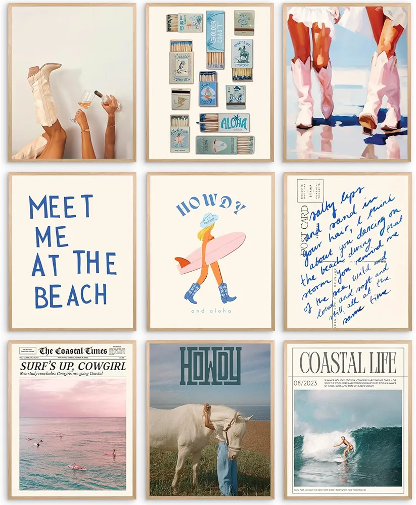 Elegend Coastal Granddaughter Room Decor, 9pcs Coastal Cowgirl Room Decor, Beachy Wall Art, Beachy Room Decor Aesthetic, Beach Wall Art for Teen Girls Bedroom, Vintage Surf Decorations Artwork…