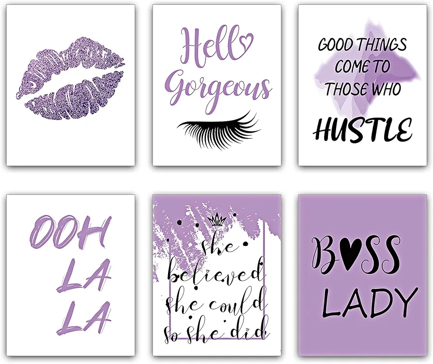 Clabby 6 Pieces Leader Lady Inspirational Wall Art, Motivational Saying Wall Poster, Typography Lady Art Print Wall Decor, Unframed Motivational Print for Women Bathroom Lash Room (Purple)