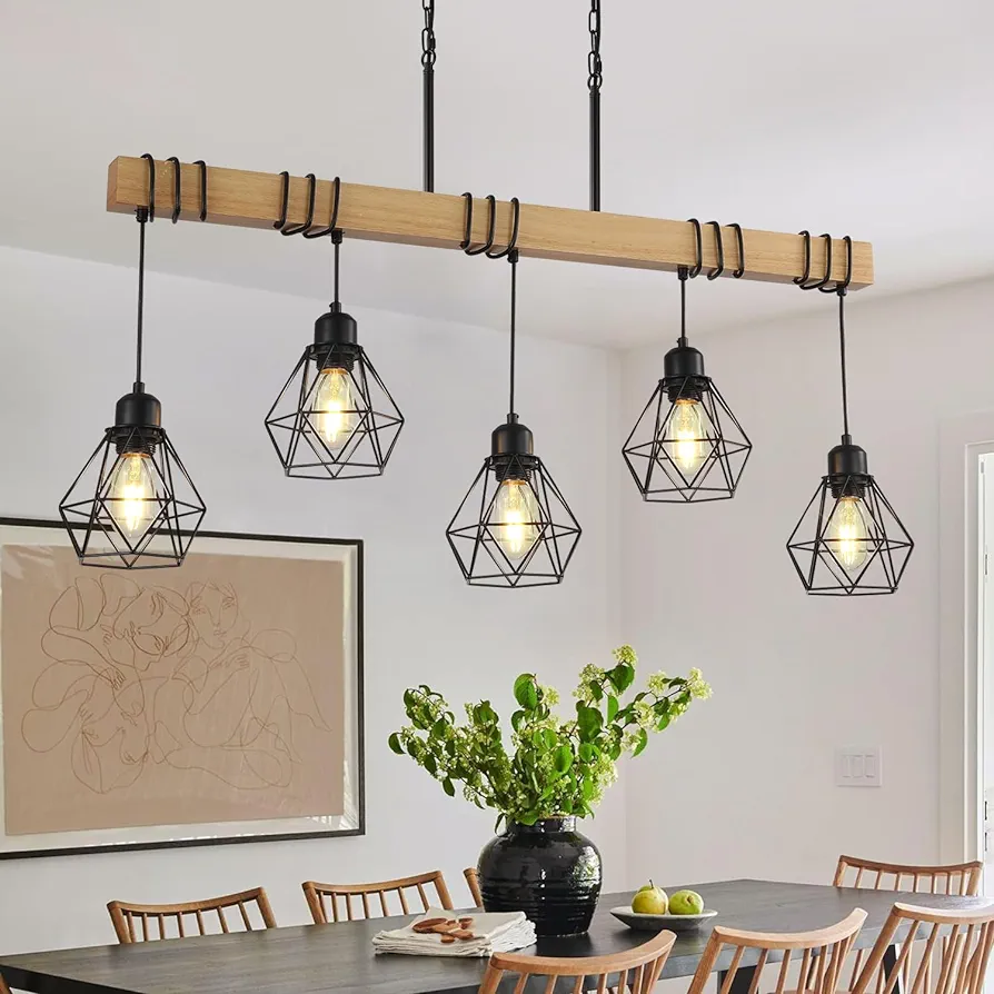 5-Light Kitchen Island Lighting,Modern Chandelier Over Table, Dining Room Light Fixture Hanging for Modern Farmhouse Linear Chandeliers Black Rustic Wood Ceiling Pendant Light Fixtures