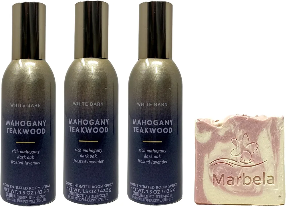 Bath & Body Works Mahogany Teakwood Concentrated Room Spray 3 Pack with a Himalayan Salts Springs Sample Soap