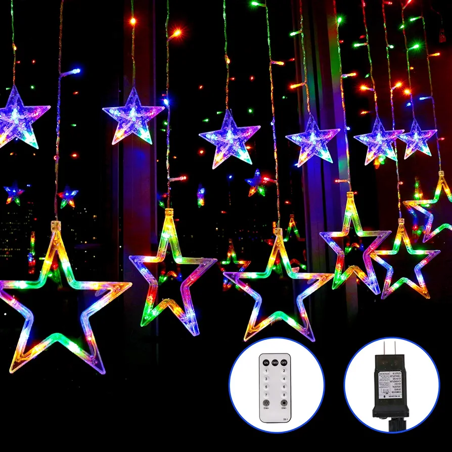 Blingstar Star Curtain Lights 138 LED 12 Star Multicolor Christmas Lights 8.2ft Connectable Window Lights with Remote Plug In Curtain String Lights for Indoor Outdoor Room Birthday Wedding Party Decor