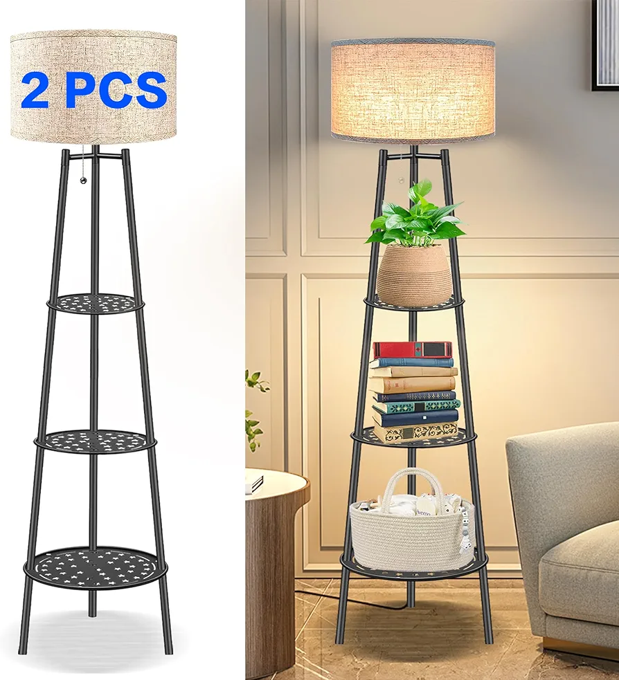 2 PCS Black Floor Lamp with Shelves for Living Room， Standing Lamp，Tall Lamp， Amparas Elegantes para Sala with Linen Shade，Modern Floor Lamp for Living Room，Bedroom or Office（Black Floor Lamp）