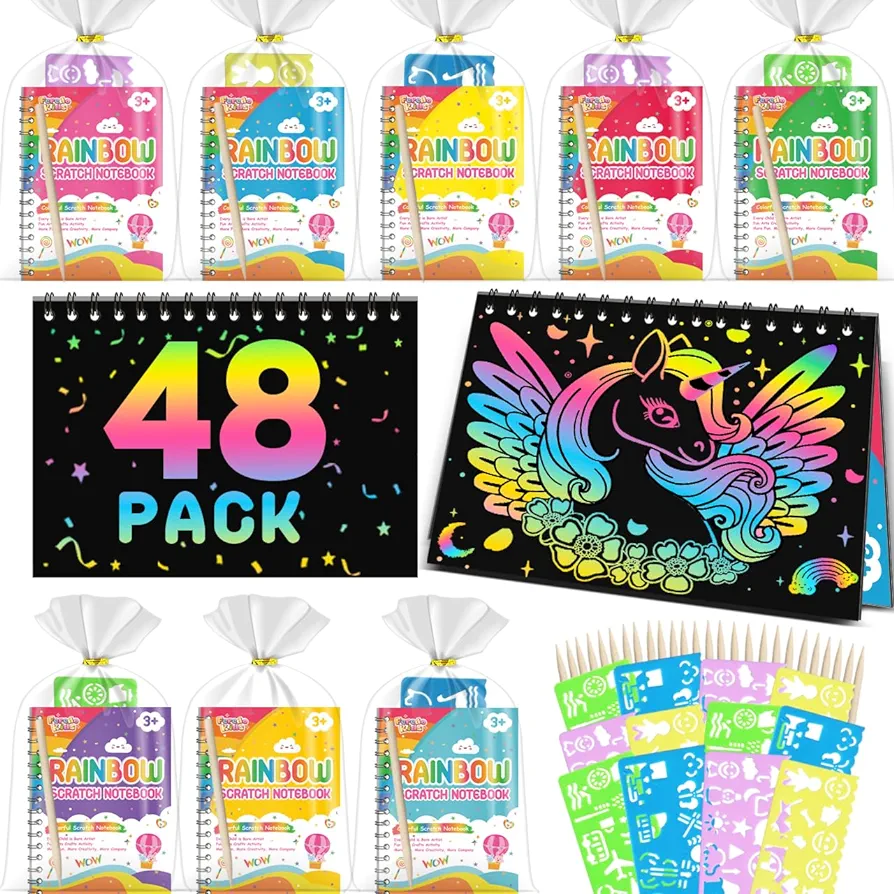 Party Favors Birthday Gifts for Kids: 48 Pack Scratch Art Notebook Party Favors for Kids Goodie Bags Stuffers for 3-8 Year Old Girls Boys Art Craft Kit for Classroom Halloween Birthday Christmas Gifts