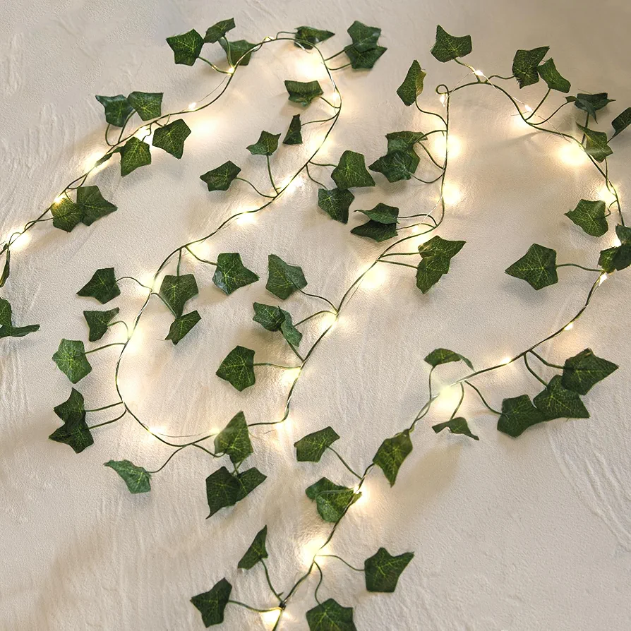 2 Pack 6.56 Ft Green Ivy Leaves Fairy String Lights Battery Operated, 80 LEDs Battery Powered Artifical Garland Plant Vine Light for Bedroom Wedding Party Holiday Patio Decor (Warm White)