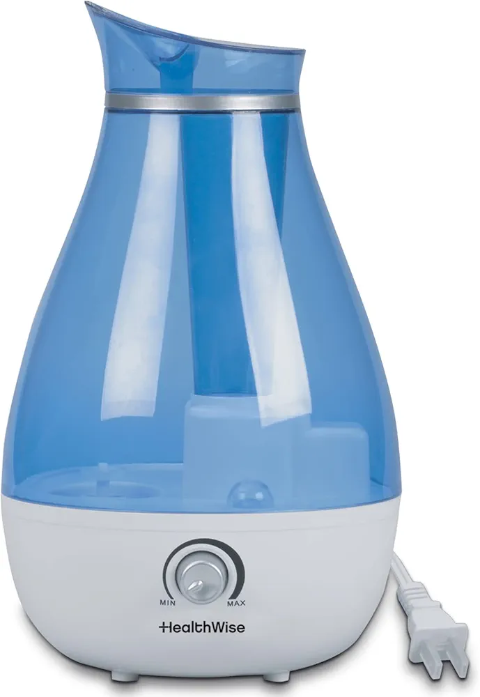 HealthWise Cool Mist Ultrasonic Humidifier | For Medium Size Rooms | No Filter Required | 24 Hour Run Time, Blue, 2.6L