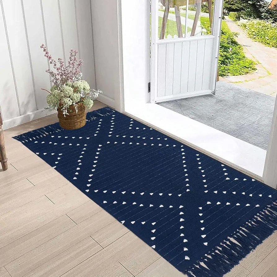 Boho Laundry Room Rug Runner 2'x4.3' Blue Kitchen Sink Rugs Bathroom Mat with Tassels,Moroccan Cotton Woven Cute Washable Throw Runner Rugs for Hallway Bedroom Living Room Indoor Outdoor Rug