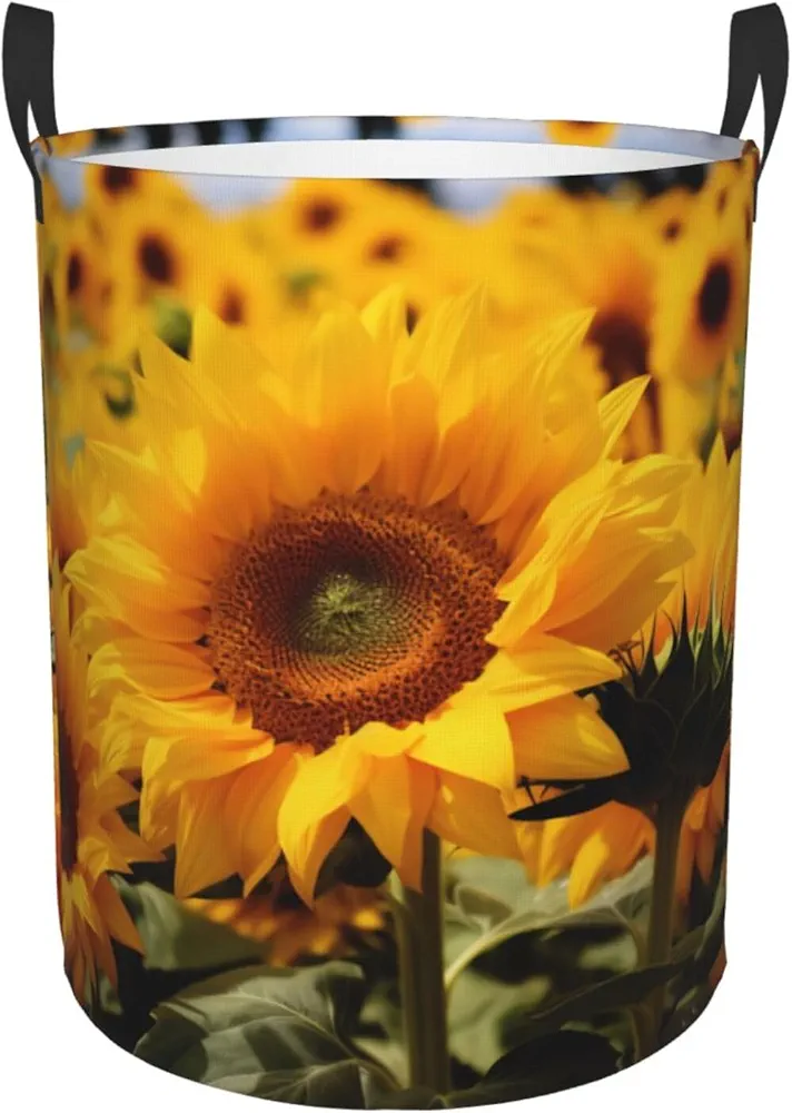 Laundry Baskets with Handles Waterproof Small inches Storage Basket, Collapsible Laundry Hampers, Laundry Room Organization & Apartment Essentials - Yellow Sunflower Field