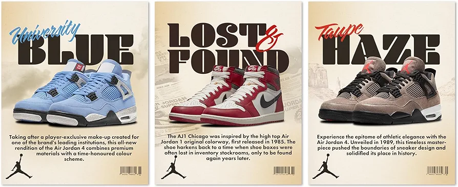 Hype Jordans Sneakers Posters Wall art Prints Set of Three Home and Room Decor Artwork Unframed, 12inch x 16 inch (30cm x 40 cm)