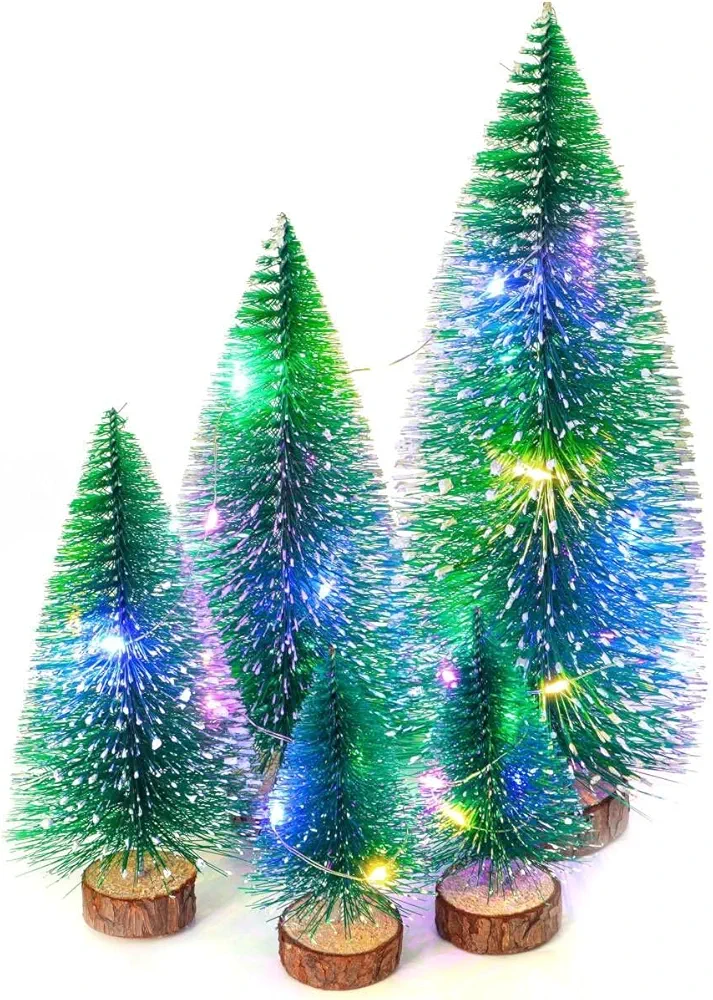 Tiny Christmas Trees, 4pcs Mini Artificial Xmas Sisal Snow Frost Tabletop Trees, Green Bottle Brush Trees with Wood Base, for Christmas Décor