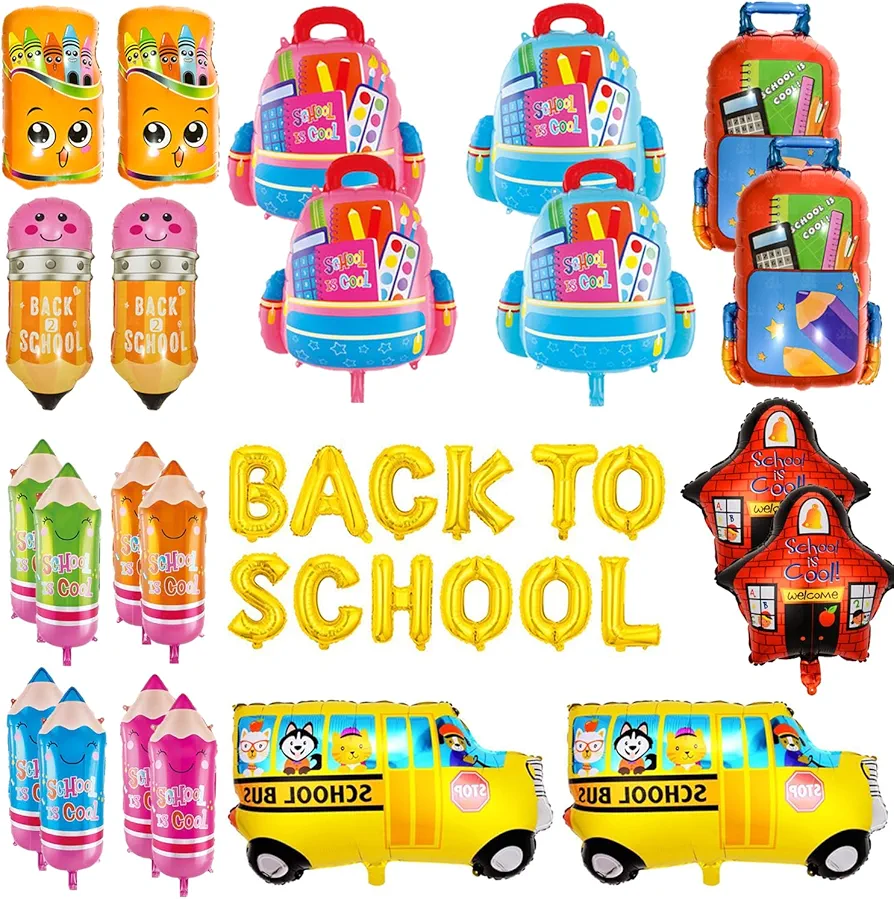 25 Pcs Large Back to School Balloons Decoration Supplies First Day of School Mylar Foil Balloon, School Bus Pencil Schoolbag Crayon Box House Banner for Student Classroom Party (Back to School)