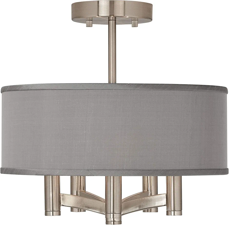 Possini Euro Design Ava Modern Close to Ceiling Light Semi-Flush Mount Fixture Brushed Nickel 14" Wide 5-Light Gray Fabric Drum Shade for House Bedroom Hallway Living Room Bathroom Dining Kitchen