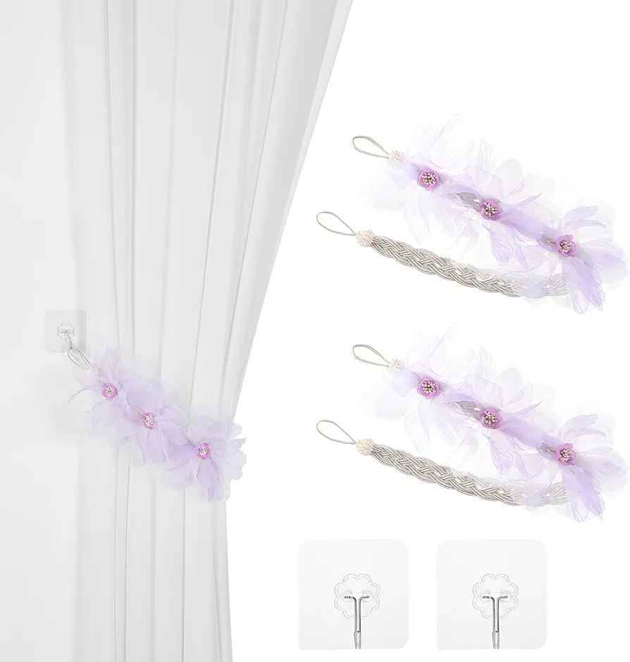 SUQ I OME 1 Pair of Artificial Flower Curtain Tieback Holdback Clip for Window Decoration with Hook (Purple)