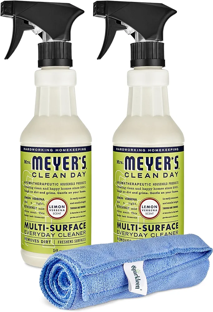 Mrs. Meyers Multi-Surface All Purpose Cleaner Set, Multi-Purpose Cleaner 2 Pack Spray and Cloth Set Bundle for Bathroom, Living Room or Bedroom, 16 oz, Lemon Verbena