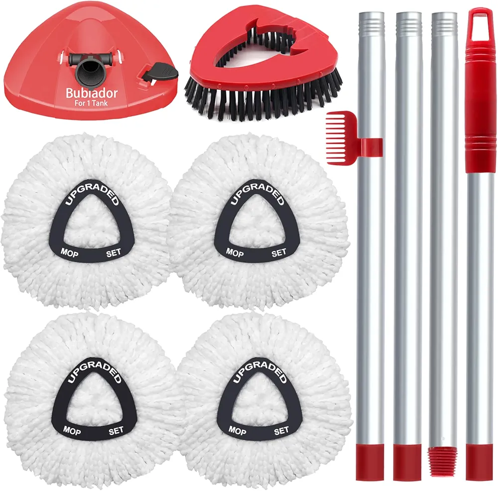 4 Spin Mop Head Replace for EasyWring 1 Tank, Upgraded Scrub Brush and Mop Base, 30"-58" Handle, Microfiber Replacement Head Refills, Easy to Install and Remove Mop Attachments Parts