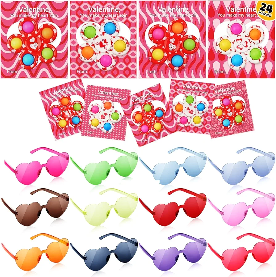 SCIONE Valentines Day Gifts for Kids, 24 Pack Valentines Fidget Spinner and 24 Pack Heart Sunglasses for Classroom Exchange Gifts Valentine Party Supplies