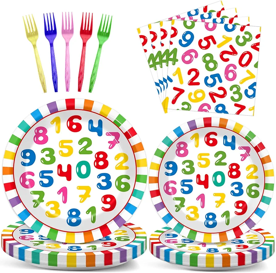 96PCS Educational Party Supplies Number Themed Tableware Set Disposable Plates Napkins Forks Education Party Favors Birthday Party Dinnerware Set for School Classroom Baby Shower Serves 24 Guests