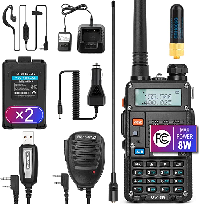 Ham Radio Walkie Talkie (UV-5R 8W) Dual Band 2-Way Radio with 2 Rechargeable 2100mAh Battery Handheld Walkie Talkies Complete Set with Earpiece and Programming Cable