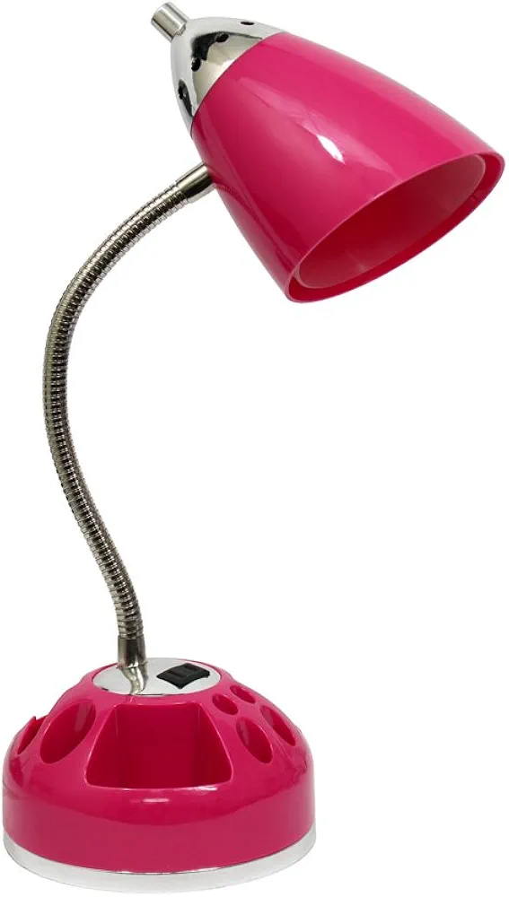 Simple Designs LD1015-PNK Flossy Organizer Desk Lamp with Charging Outlet and Lazy Susan Base, Pink