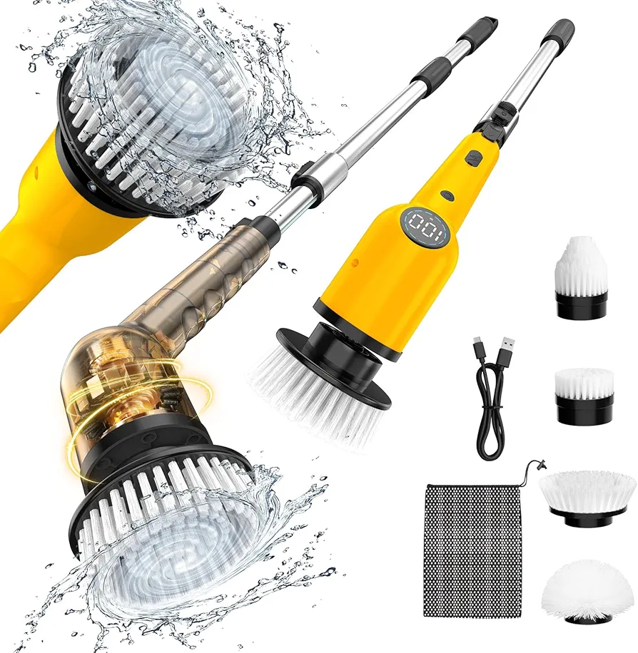 Electric Spin Scrubber, IMAXTOP Cordless Cleaning Brush with 4 Replaceable Brush Heads, Bathroom Scrubber with Adjustable & Detachable Handle Shower Cleaner for Bathroom,Tub,Kitchen Window (Yellow)