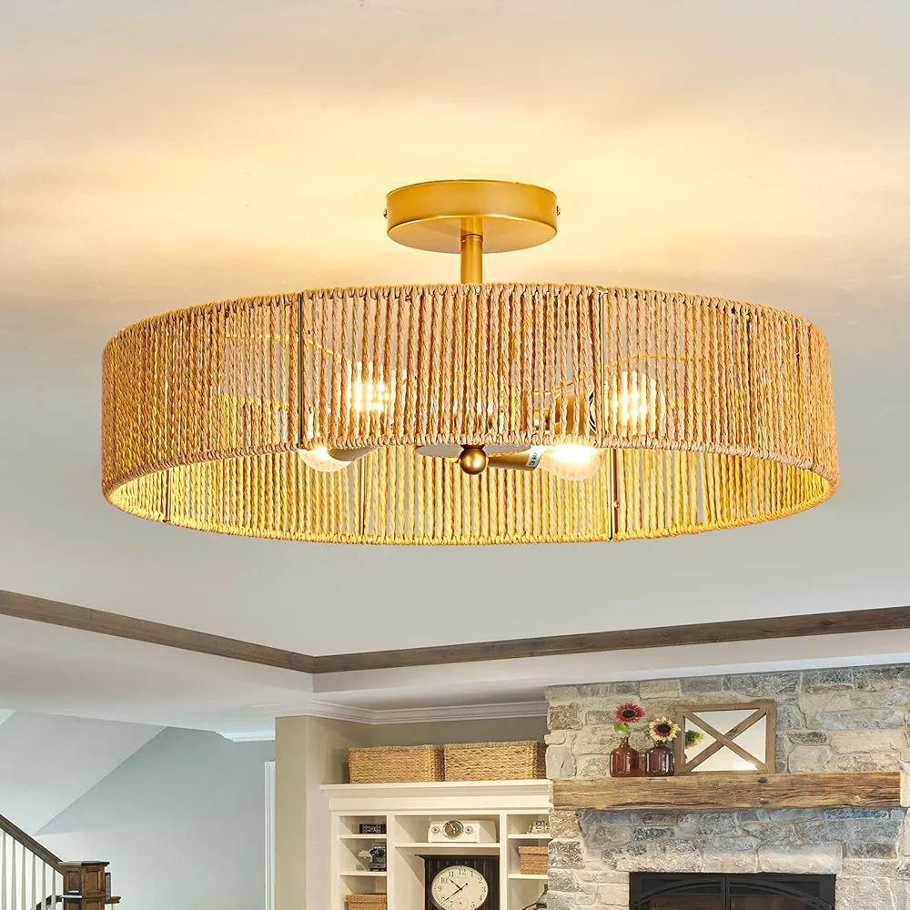 Boho Rattan Ceiling Light Fixture Vintage Gold Semi Flush Mount Ceiling Light 20 Inches Round 4 Light Chandelier for Farmhouse Hallway Bedroon Living Room Dining room Kitchen Island