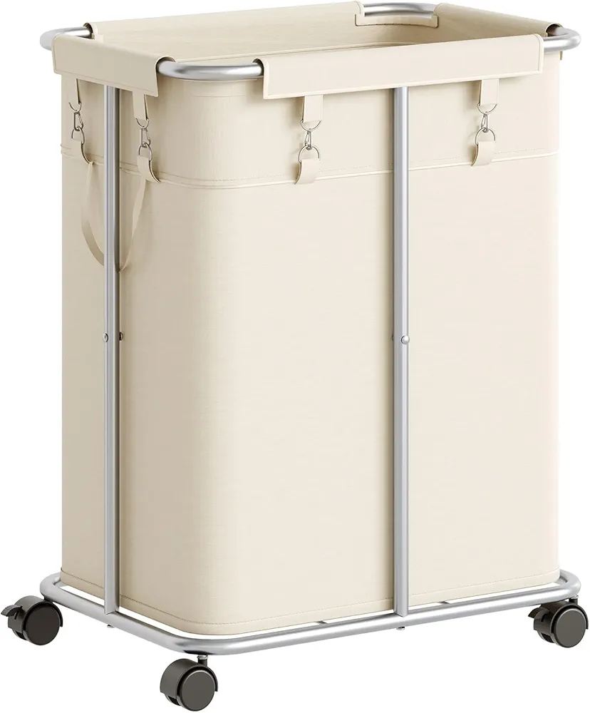 HOOBRO Laundry Basket with Wheels, 45 Gallons (170L) Rolling Laundry Hamper, Narrow Slim Laundry Sorter with Removable Oxford Fabric Bag, Laundry Room, Dorm Room, Bedroom, Beige and Silver SW05XY01