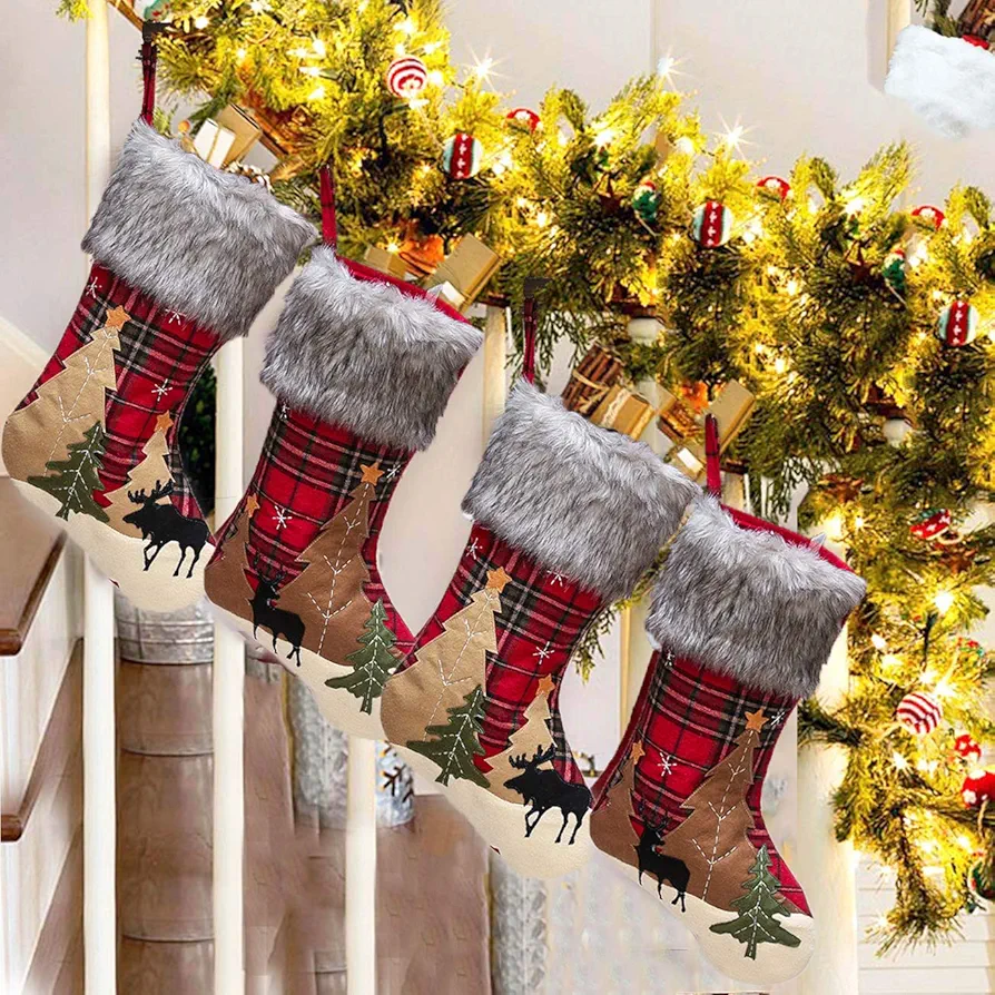 Christmas Stockings 4 Pcs 18 Inches Plaid Plush Flake Fur Stockings Burlap Rustic Christmas Stocking Ornament for Family Holiday Xmas Party Decorations (Plaid Elk and Reindeer)