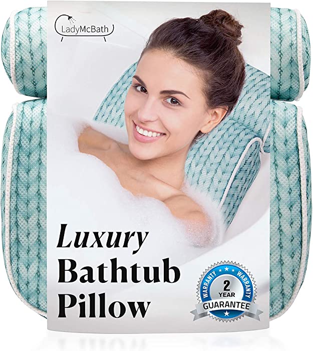 Lady McBath Bath Pillow - Luxury Bath Pillows for Tub Neck and Back Support - Powerful Suction Cups, Machine Washable Bathtub Accessory for Relaxation (Turquoise)