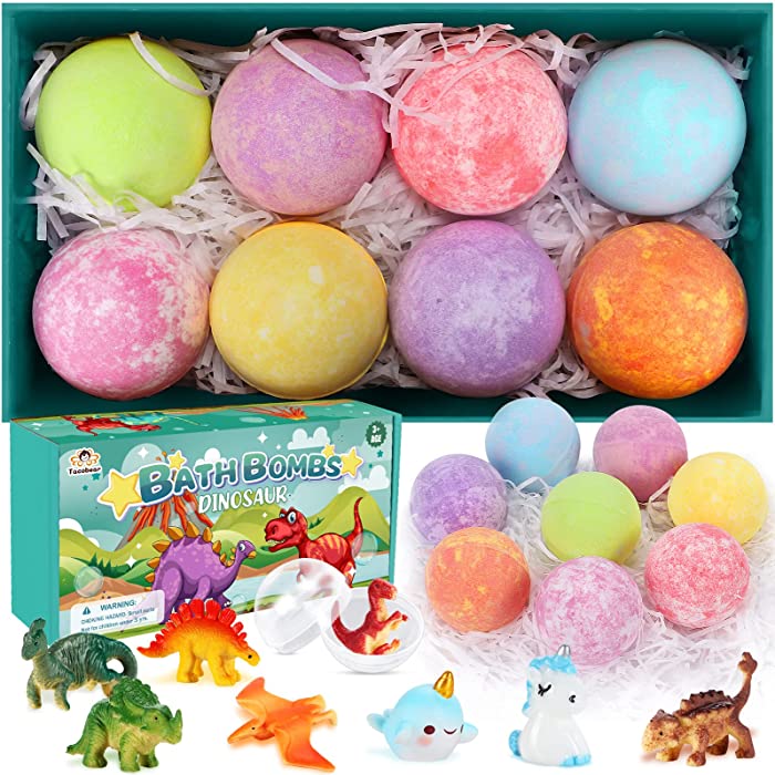 Tacobear Dinosaur Bath Bombs for Kids with Surprise Inside, Set of 8 Dinosaur Toys Bath Bomb Gift, Handmade and Kids Safe Spa Bath Fizz Balls Kit, Birthday Gift for Women and Kids