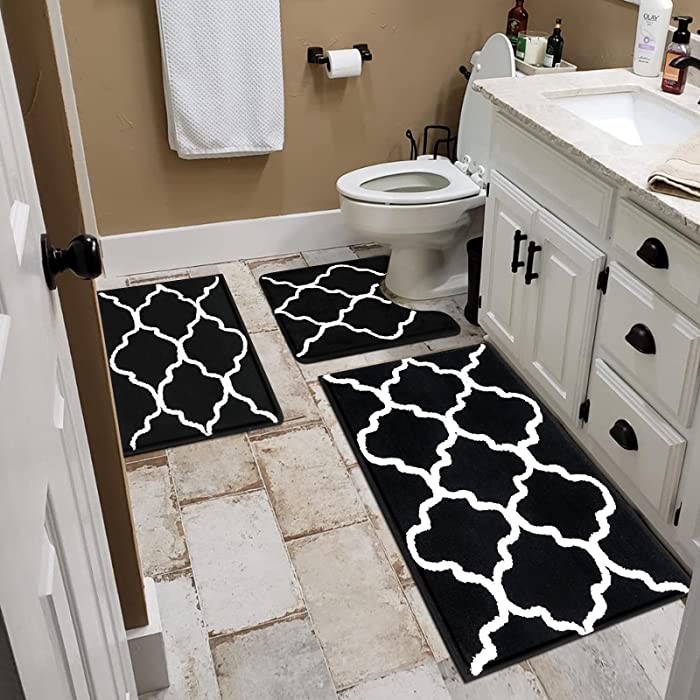 Vaukki 3 Pieces Bathroom Mats Set, Modern Non Slip Microfiber Bath Contour Rug Set, Plush Absorbent Washable U-Shaped Toilet Rug Combo Set for Bathroom, Tub and Shower, Black