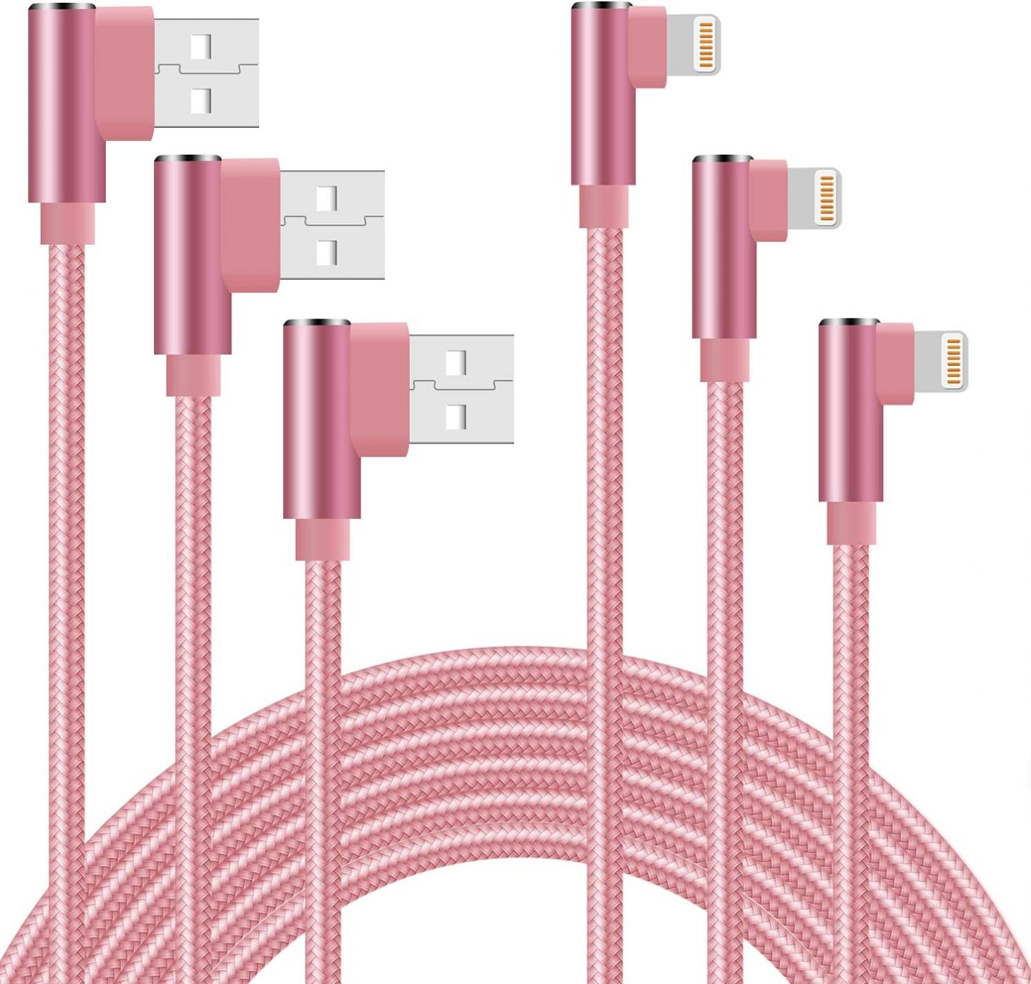 iPhone Charger [Apple MFi Certified] 90 Degree 10ft 3 Pack Lightning Cable Braided Right Angle Charging Cord Compatible with iPhone 12/11/Pro/Xs Max/XS/XR/7/7Plus/X/8/8Plus/6S(Rose Gold, 10FT)