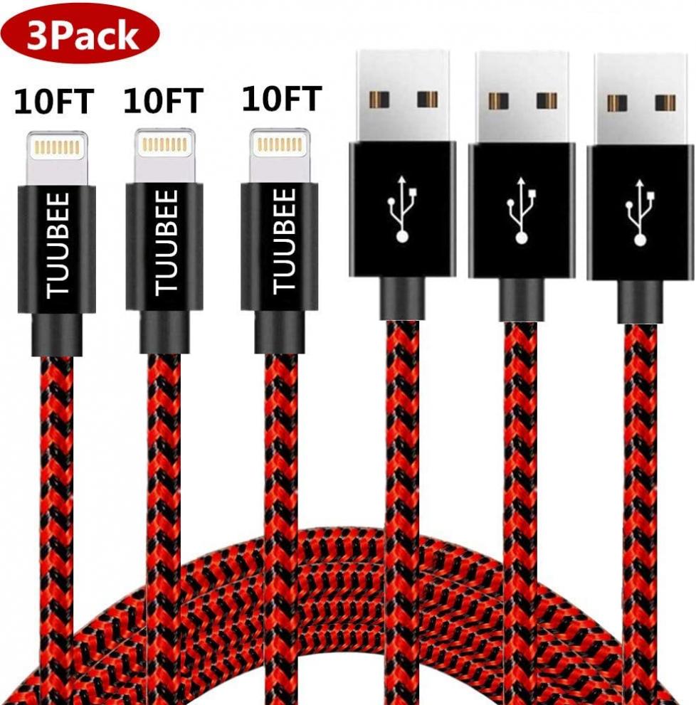 iPhone Charging Cable, 3 Pack 10FT TUUBEE Durable iPhone Charger Cable Nylon Braided Lightning Cord Fast Charging & Syncing iPhone Chargers Compatible iPhone XS/Max/XR/X/8P/8/7/6/iPad(Red&Black)