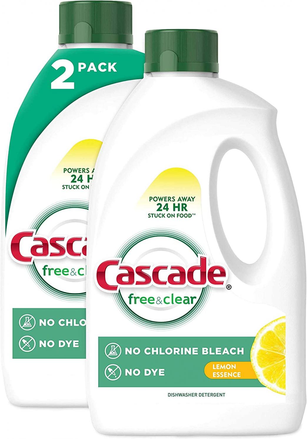 Cascade Free & Clear Gel Dishwasher Detergent Liquid Gel, Lemon Essence, 2 Count (60 fl oz ea)