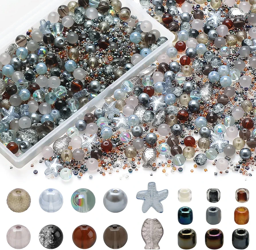 Rired 27 Decorative Glass Beads for Jewelry Making, 760pcs Grey Assorted Beads Bracelet Making Kit with Seed Beads, 8mm Crystal Beads for DIY Craft